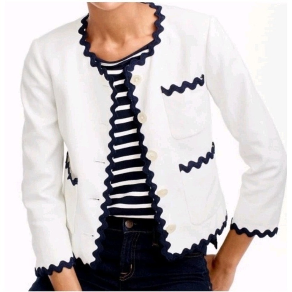 J.Crew Lady Jacket 100% Linen White w Navy Rickrack Trim Size 8 Preppy Nautical